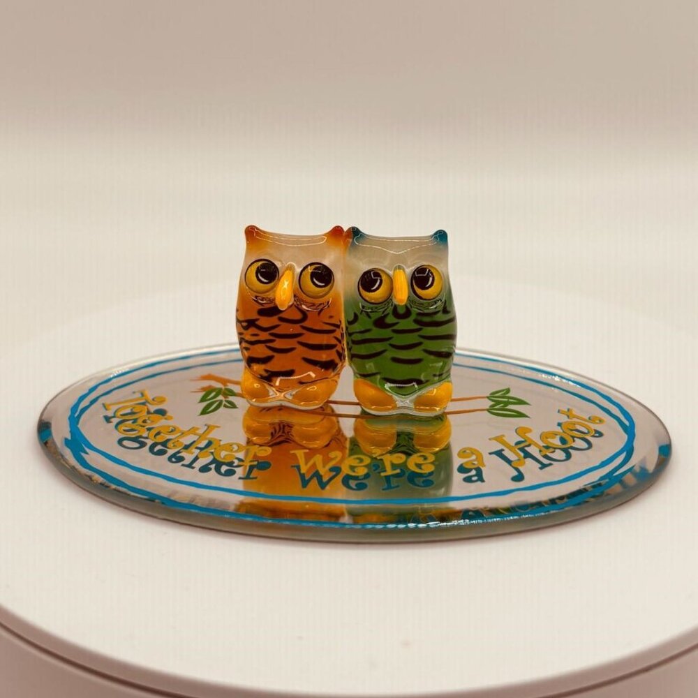 Glass Baron Owl Pair Figurine on Beveled Mirror “Together We’re a Hoot” Gift